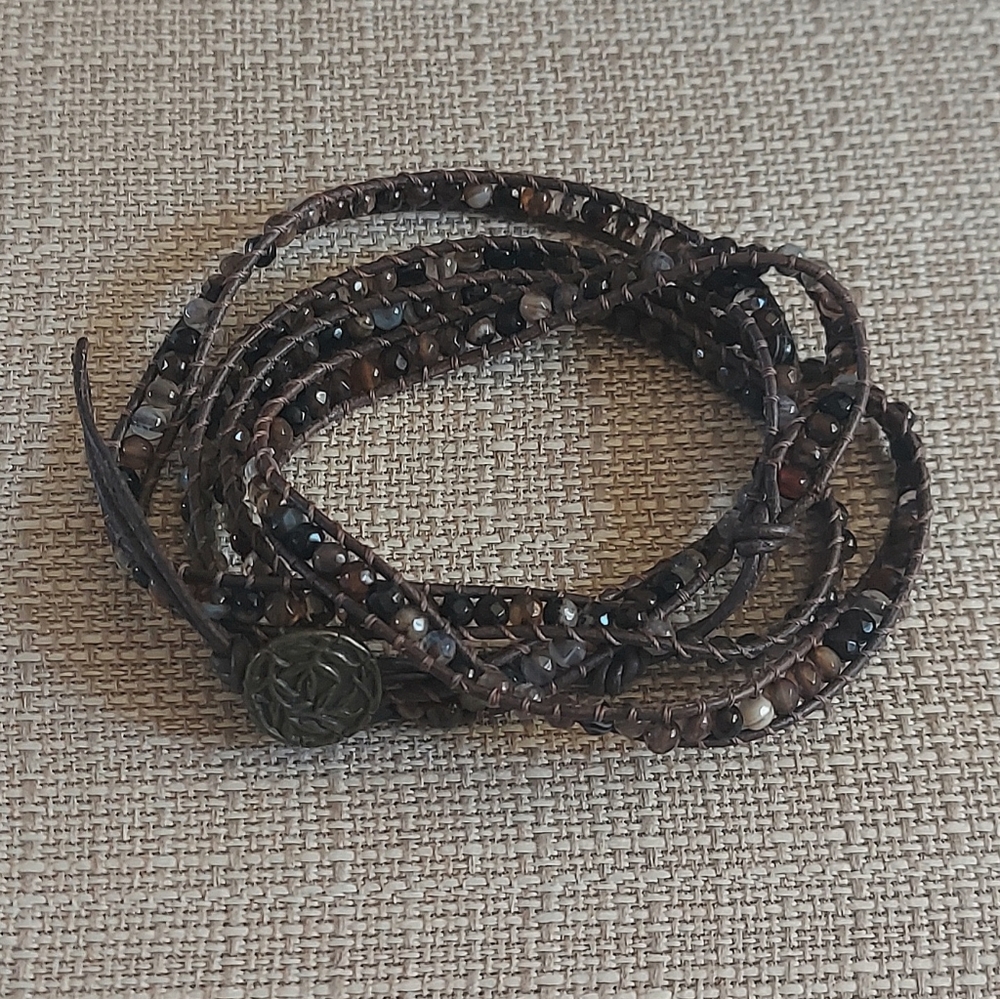 Handmade Neutral Colored Bead & Brown Leather Wrap Bracelet